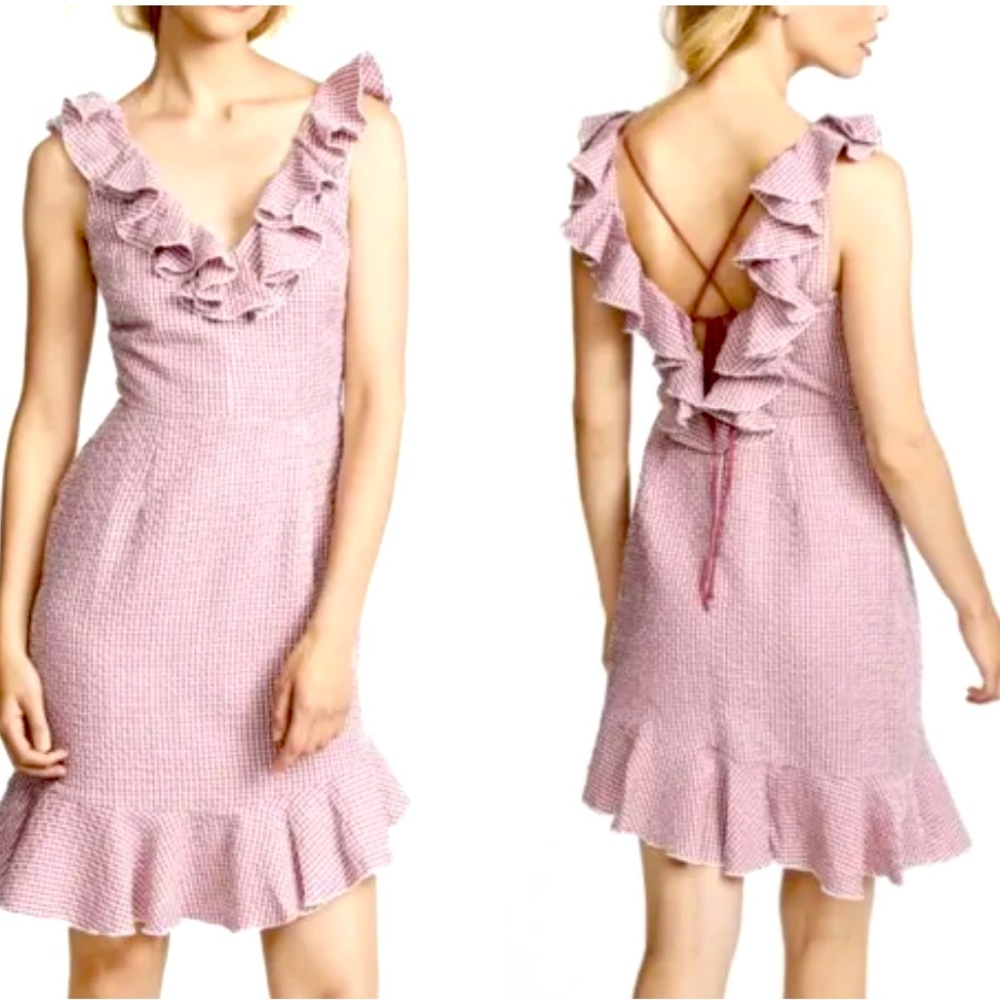 NWT Wayf Gingham Plaid Ruffle Dress Asymmetric Hem Crossback Red Sz M